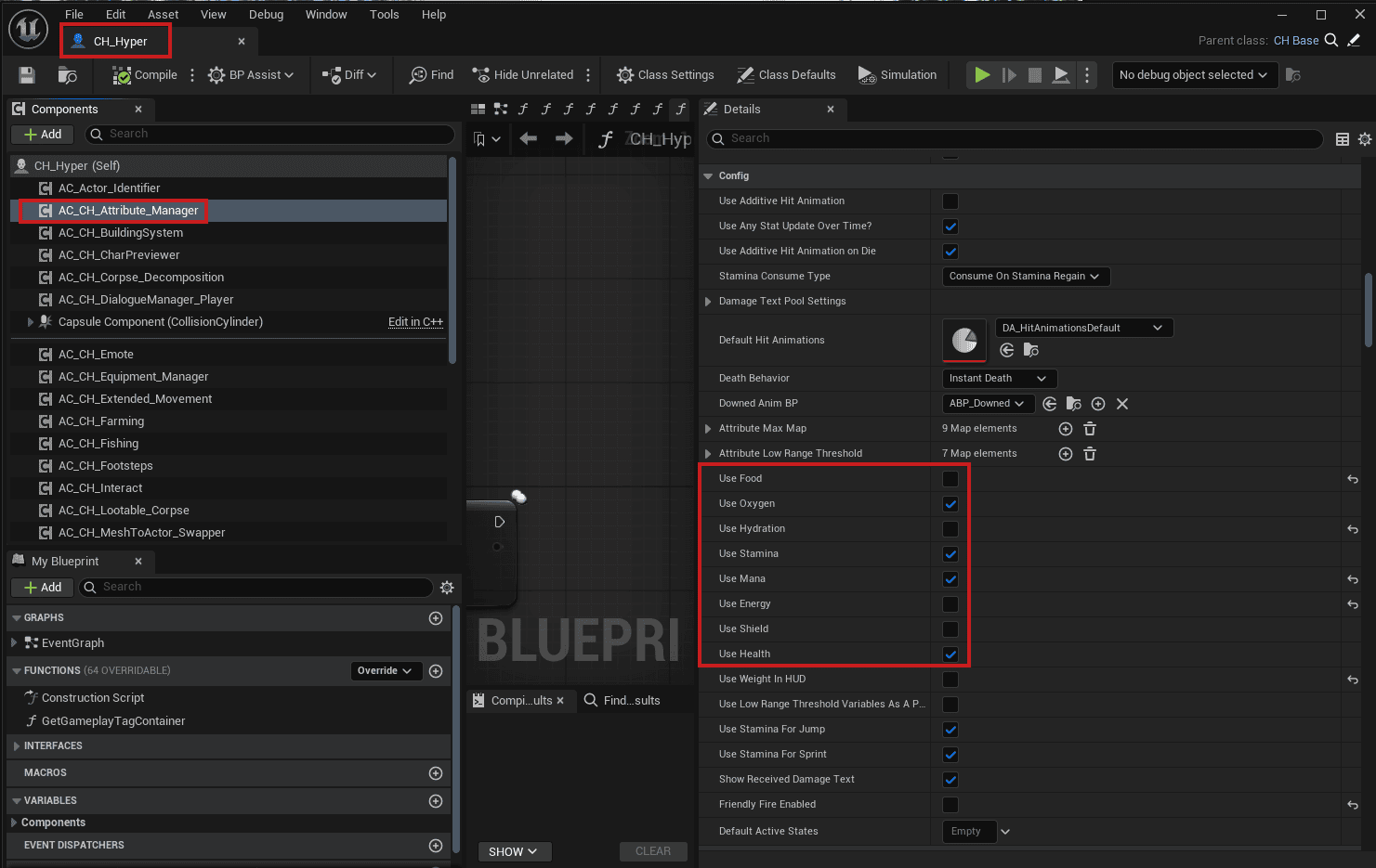 Attribute Manager usage settings on the Character Blueprint