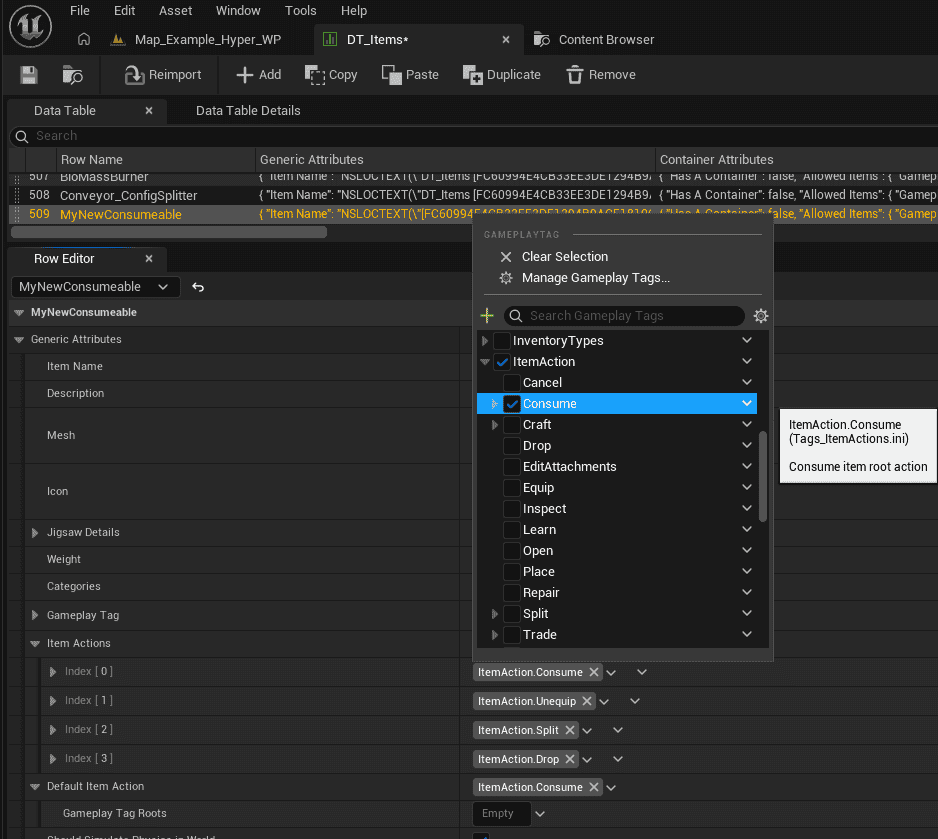 Item actions assigned in DT_Items