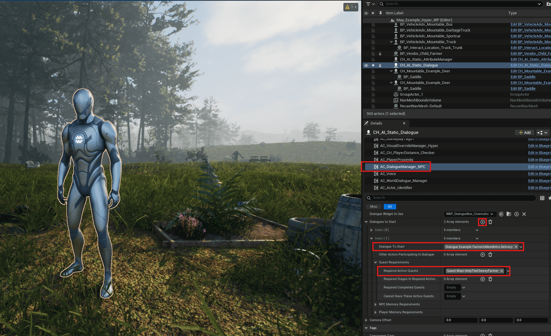 Delivery dialogue assigned to the Cheesy Farmer with active quest requirement