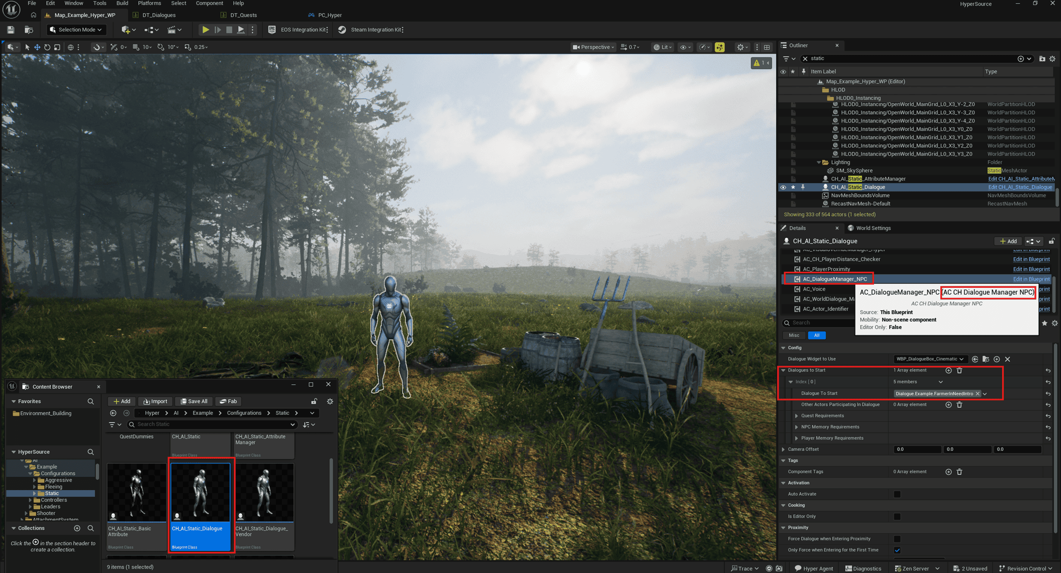 Dialogue Manager component with starting dialogue and visual override setup