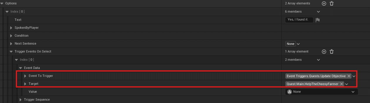 Dialogue option event updating the quest objective