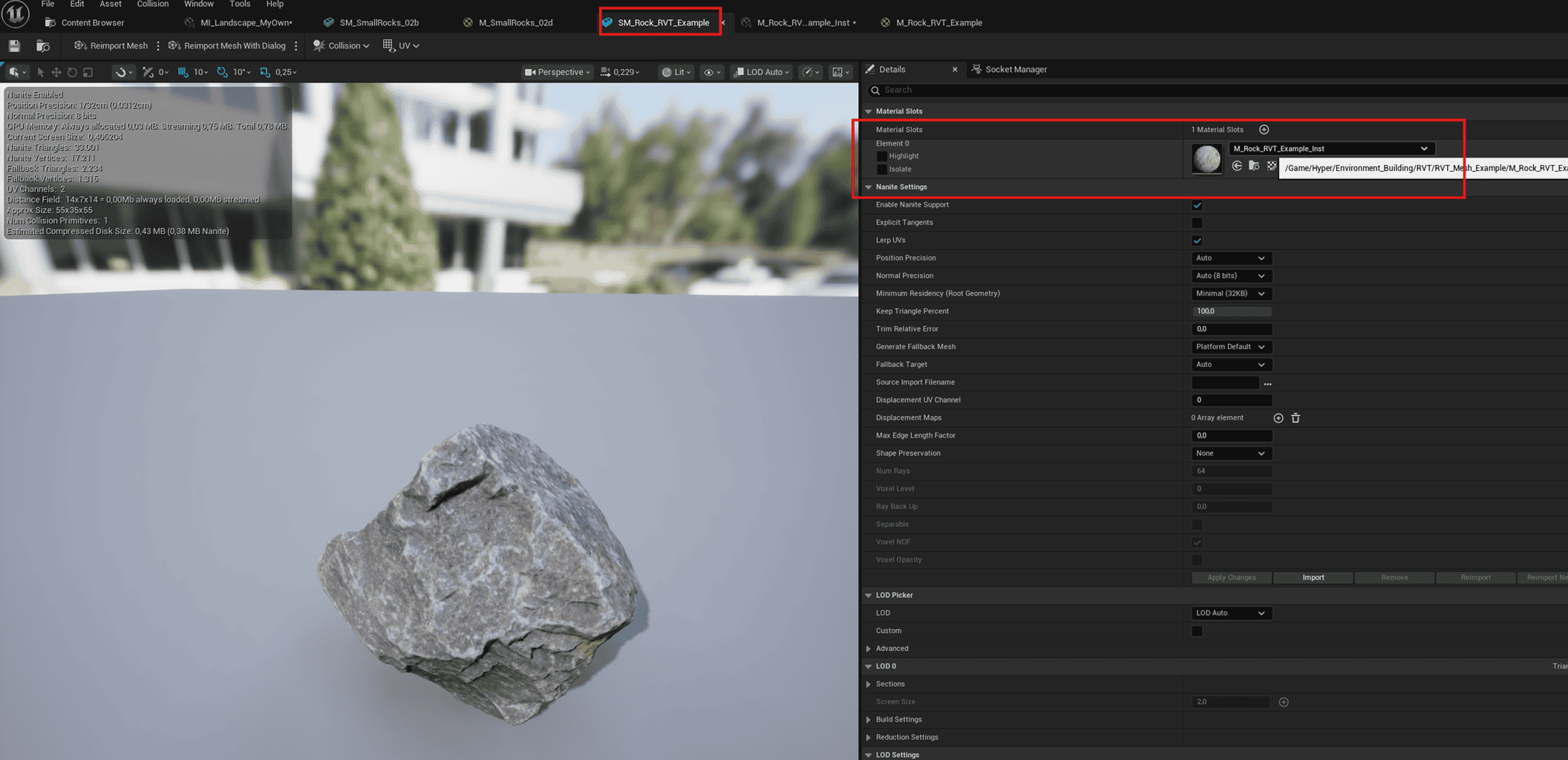 Material instance assigned to duplicated rock mesh