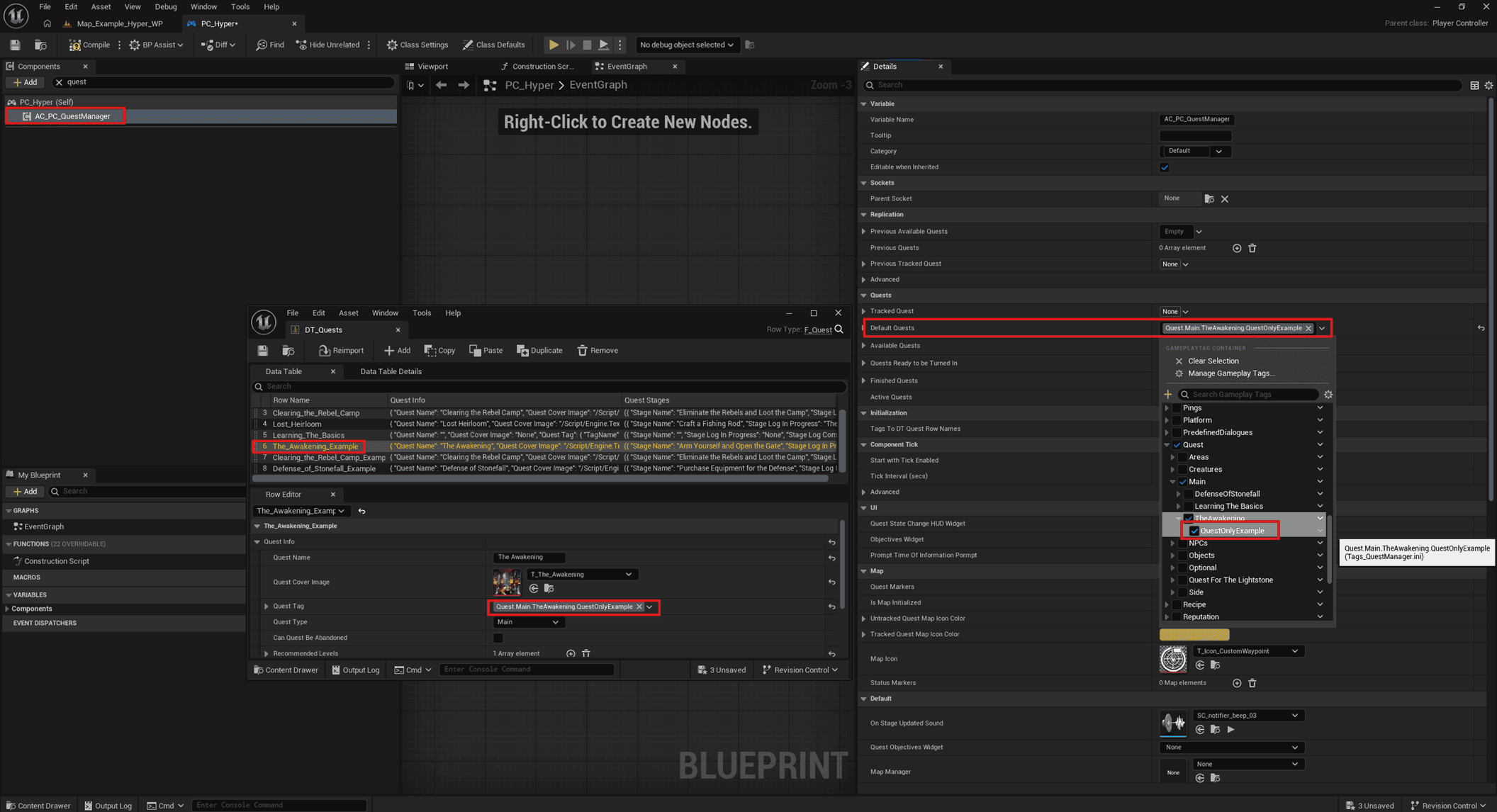 Default quest setup in the Player Controller QuestManager