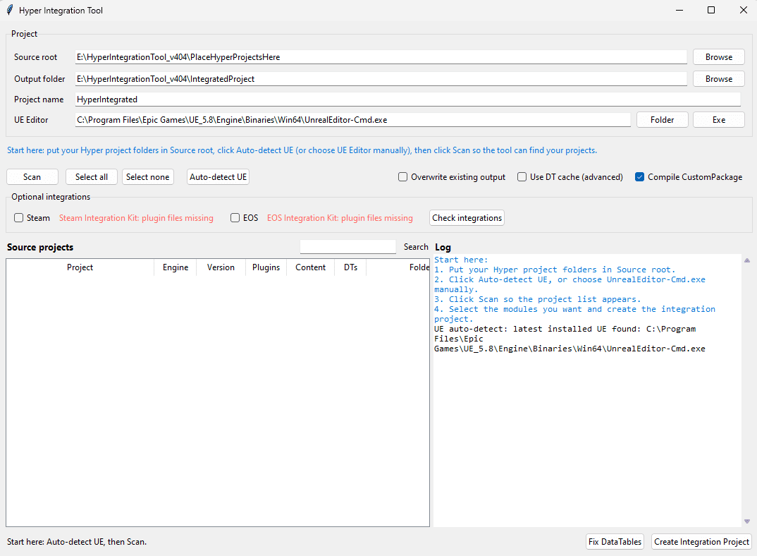 Hyper Integration Tool GUI with source root selected