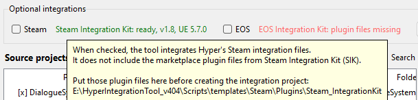 Optional integration checkboxes for Steam Integration Kit and EIK