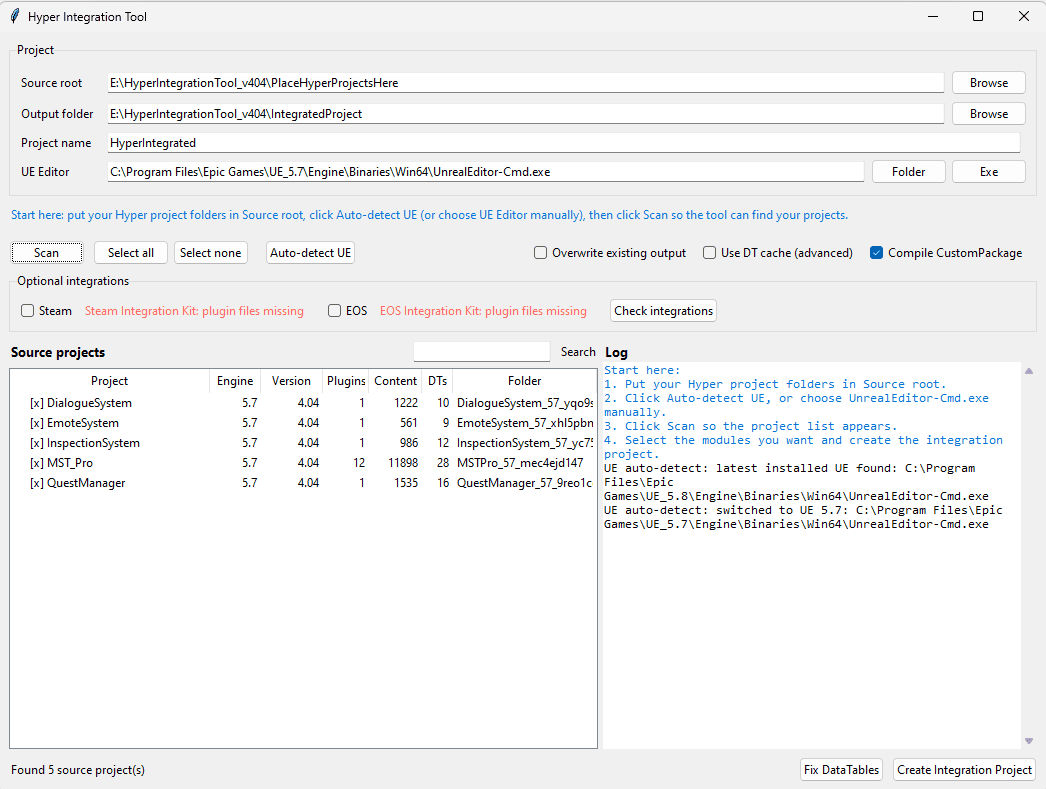 Hyper Integration Tool scan with detected systems and versions